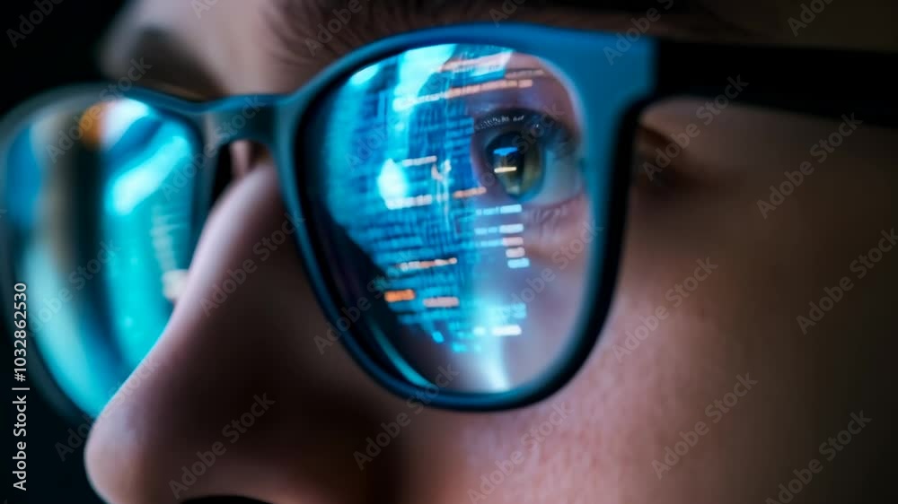 Software developer is working late, with code reflecting in their glasses. The image evokes the dedication and focus required in the world of programming