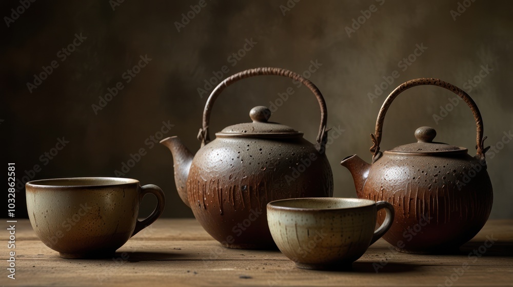 Three ceramic teapots and two cups on a wooden table with a rustic background.
