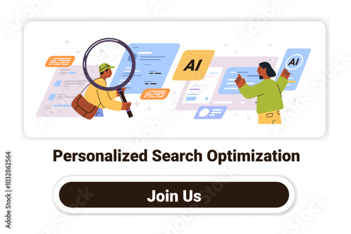 Personalized search optimization concept AI technology magnifying glass people analyzing data colorful elements modern web design