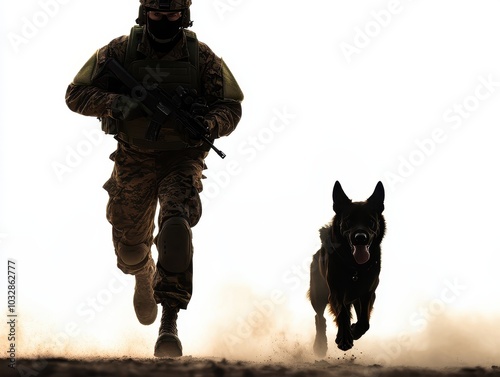 A soldier runs alongside a canine k9 partner in a dramatic silhouette against a dusty backdrop, showcasing teamwork and loyalty.