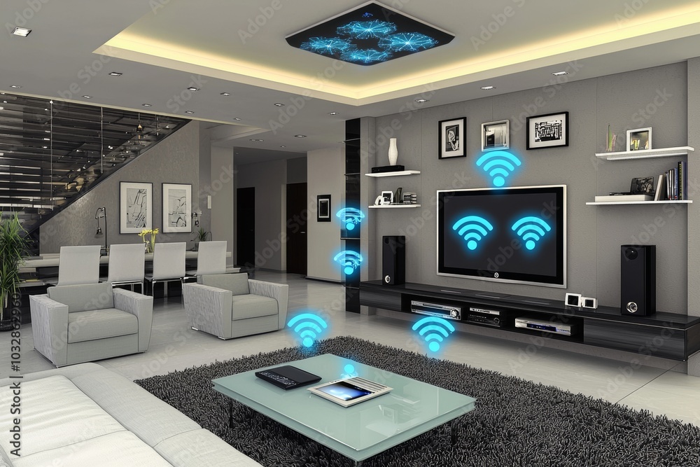 An AI-augmented reality smart home's interior, Management system for smart home components, Stock of smart homes An AI-augmented reality smart home's interior, Management system for smart home components, Stock of smart homes