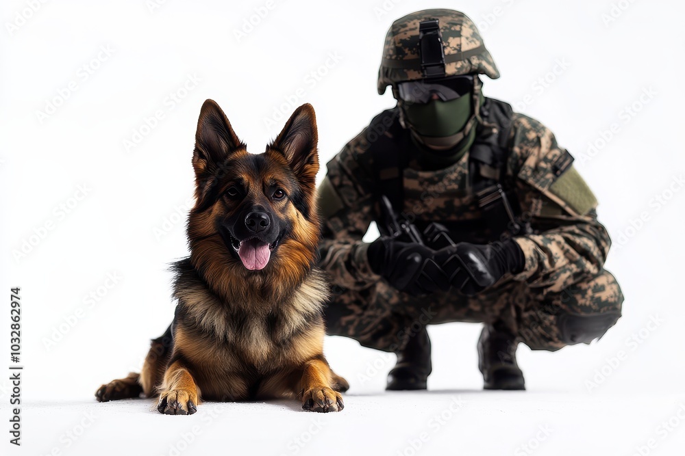 A trained military k9 dog accompanies a soldier, showcasing teamwork and loyalty in a tactical environment. A trained military k9 dog accompanies a soldier, showcasing teamwork and loyalty in a tactical environment.