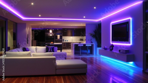 The living room is lit with multicolor LED lights. This is an Stock room.