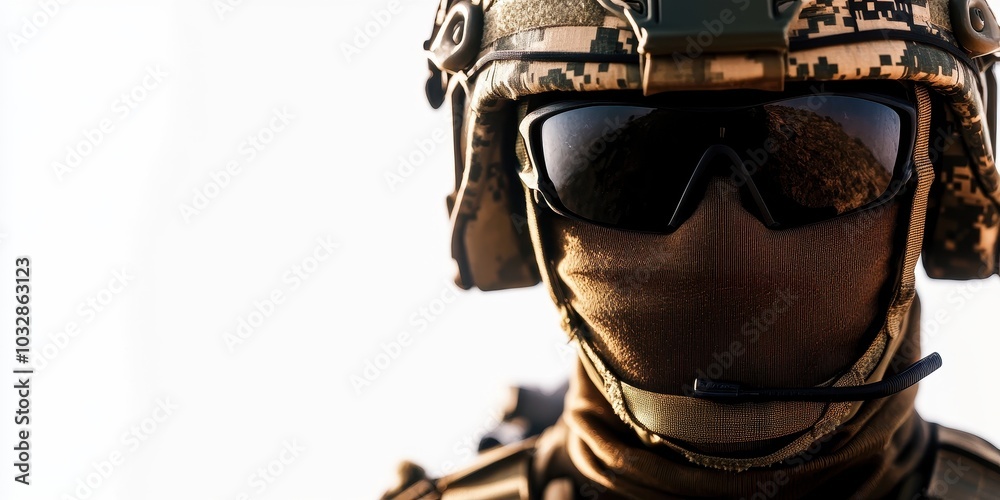 Soldier in tactical gear with sunglasses, ready for action against a bright background, showcasing military readiness and protection. Soldier in tactical gear with sunglasses, ready for action against a bright background, showcasing military readiness and protection.