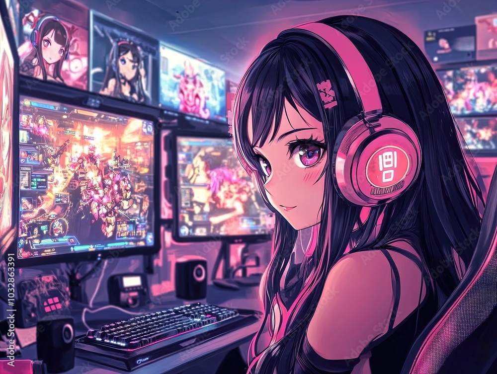 Dynamic Poster of a Focused Young Gamer Girl with Long Dark Hair and Pink Highlights in a High-Tech Environment – Perfect for Sports or Gaming Room Decor! Dynamic Poster of a Focused Young Gamer Girl with Long Dark Hair and Pink Highlights in a High-Tech Environment – Perfect for Sports or Gaming Room Decor!
