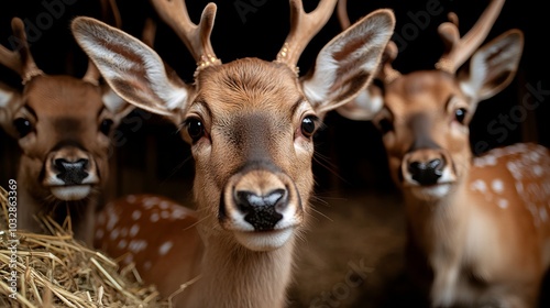 A close-up shot of three young deer looking directly at the camera.