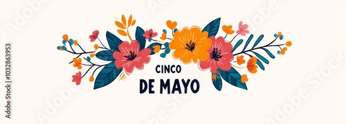 Cinco de Mayo logo design featuring vibrant flowers and the text "CINCO DE MAYO" in bold colors.