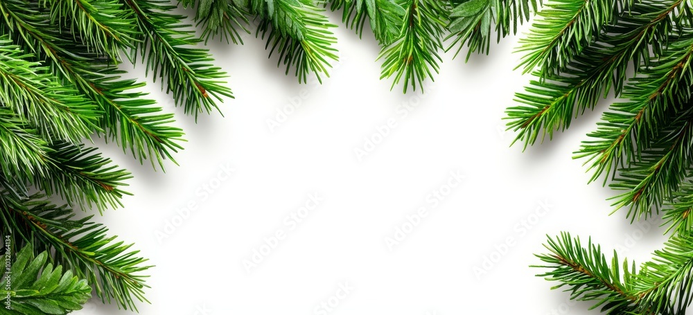 Christmas border with frosted fir branches arranged on white as an arch, banner style Christmas border with frosted fir branches arranged on white as an arch, banner style