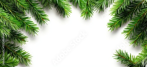 Christmas border with frosted fir branches arranged on white as an arch, banner style