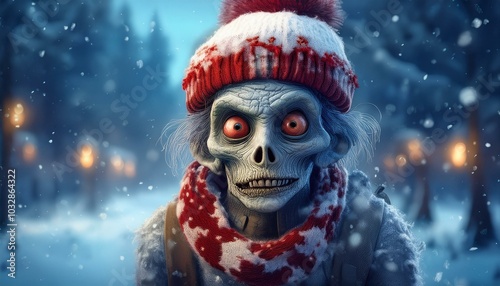 A cute zombie with a knitted hat and scarf enjoys a snowy winter landscape and exudes Christmas joy.