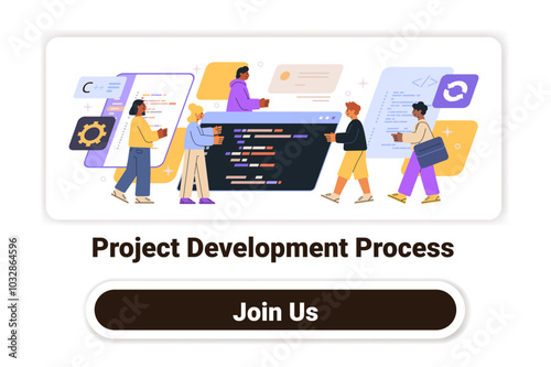 Project development process team collaboration coding people working on software colorful background website design