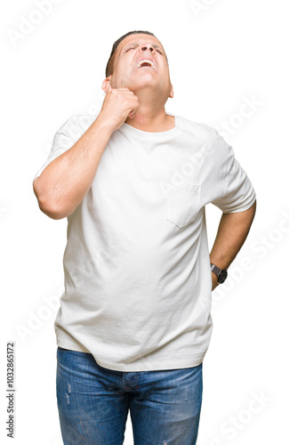 Middle age arab man wearig white t-shirt over isolated background Touching painful neck, sore throat for flu, clod and infection