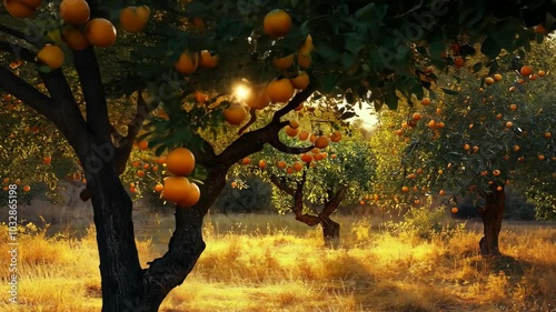 A grove of orange trees laden with fruit basks in the afternoon sun