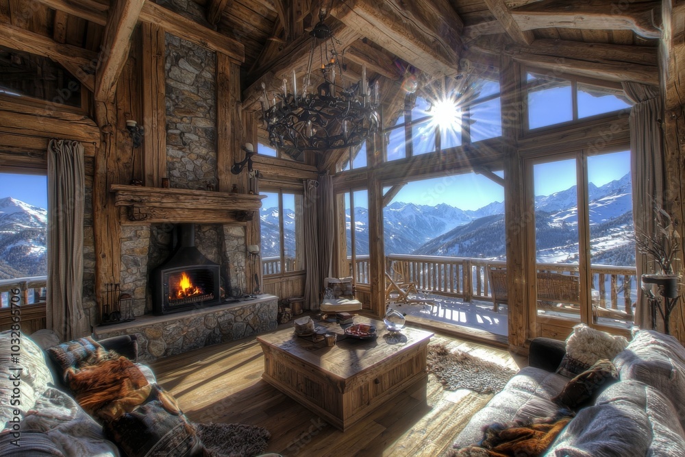 A luxurious chalet with a burning fireplace and stunning views of the snowy mountains