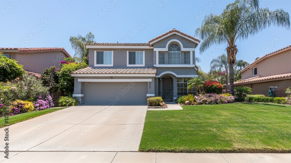 Grey house with a garage door and large windows in front of a green lawn. Grey house with a garage door and large windows in front of a green lawn.