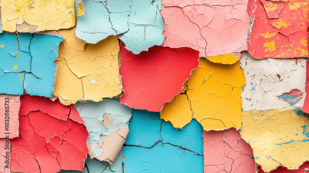 Obraz premium A vibrant collage of peeling paint in various colors showcasing texture and age, creating an artistic backdrop.