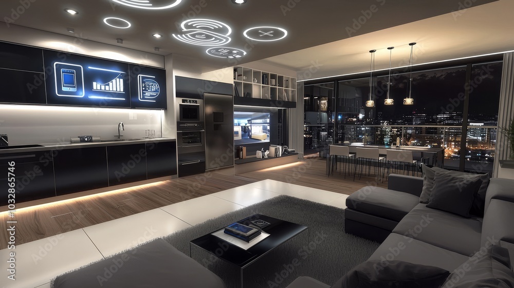 Smart home with integrated AI systems controlling security, lighting, and entertainment sleek modern design with seamless tech integration comfortable and tech-savvy environment Smart home with integrated AI systems controlling security, lighting, and entertainment sleek modern design with seamless tech integration comfortable and tech-savvy environment
