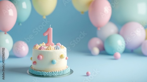 Colorful first birthday cake with a number one candle and balloons 