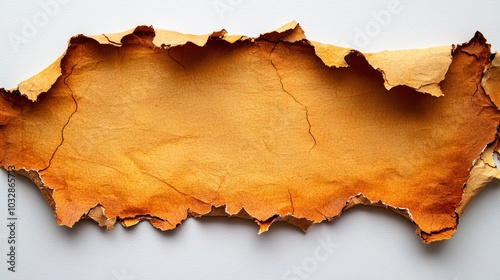 A textured, torn piece of paper with an orange hue, showcasing its irregular edges and cracks.