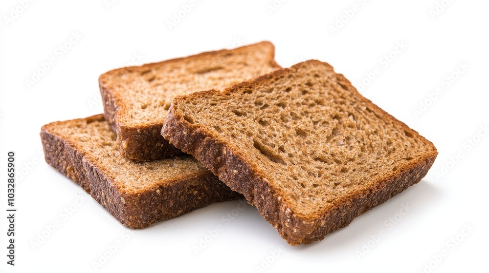 Square slices of whole wheat sandwich bread isolated on a white background, perfect for toasts or sandwiches. Square slices of whole wheat sandwich bread isolated on a white background, perfect for toasts or sandwiches.
