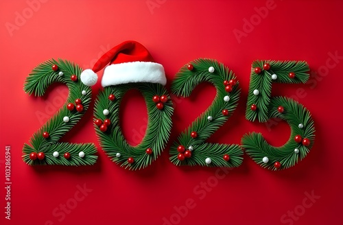 Numbers 2025 made from decorated fir branches with Santa hat on red background