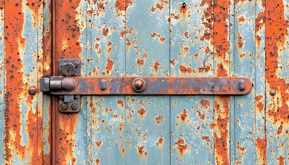 A weathered blue door with rusty metal fittings, showcasing textures of peeling paint and extensive corrosion. A weathered blue door with rusty metal fittings, showcasing textures of peeling paint and extensive corrosion.