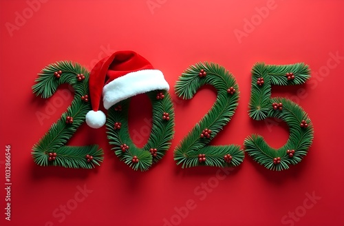 Numbers 2025 made from decorated fir branches with Santa hat on red background.
