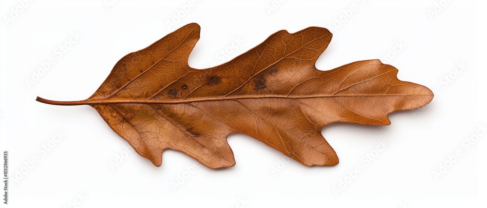 Naklejka premium A dried oak leaf with distinct shapes and warm brown tones, highlighted against a white background.