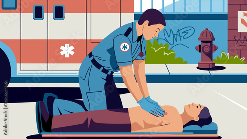 A paramedic administers CPR to a patient.