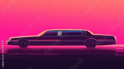 Sleek black limousine against vibrant pink orange background with retro-futuristic style photo