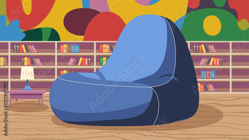A playful, oversized blue beanbag podium in a children's library.