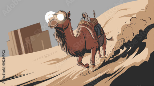 Dramatic scene of a camel with glowing sunglass lens emerging from a sandstorm.