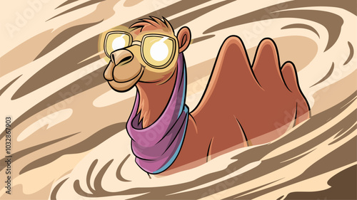 Dramatic scene of a camel with glowing sunglass lens emerging from a sandstorm.