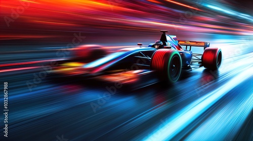 Formula 1 car zooming on the track at night