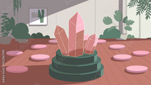 A pink quartz crystal podium at a meditation retreat.