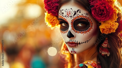 Vibrant Day of the Dead makeup with colorful floral decorations