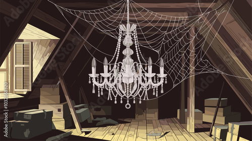 Vintage crystal chandelier covered in cobwebs in dusty attic.