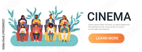 People watching movie cinema theater audience. Diverse group seated in rows holding popcorn drinks surrounded by plants white background. Website banner template