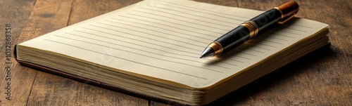 Pen sitting on top of a notebook on a table photo