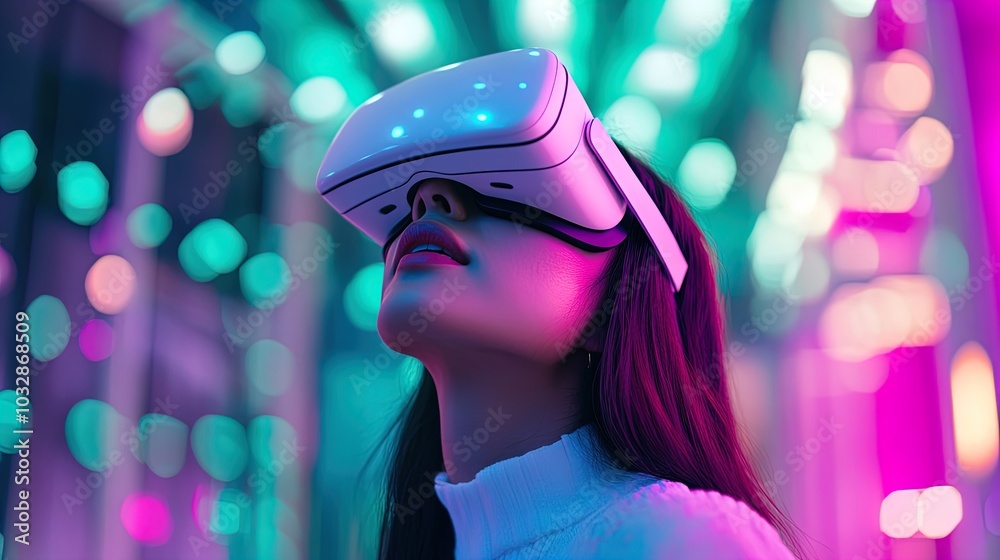Woman exploring virtual worlds with a VR headset in neon lights Woman exploring virtual worlds with a VR headset in neon lights