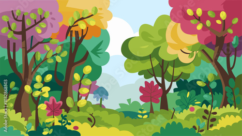 A whimsical cut-out paper banner of a magical forest with colorful leaves, perfect for a child's fairy-tale dream.