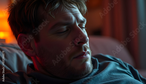 Unconscious drunk man late in evening at home, closeup isolated with white highlights, png