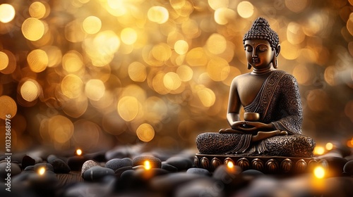 Statue of Buddha surrounded by glowing candles and soft bokeh lights