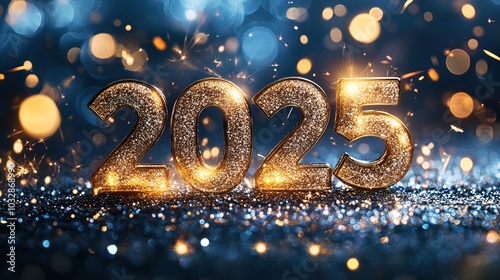 Golden glittery 2025 numbers surrounded by festive lights and sparkles