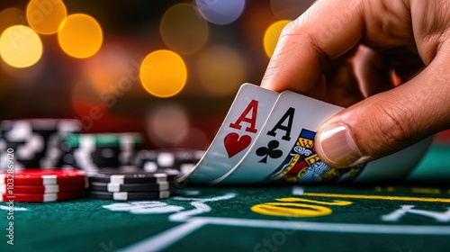Close-up of poker chips and cards on a casino table