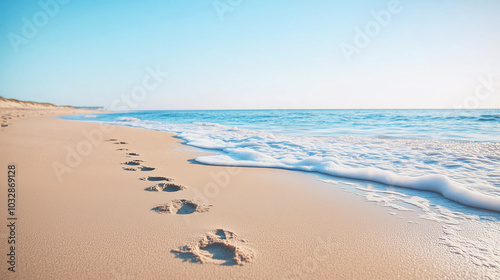 Tranquil morning beach with footprints and gentle waves