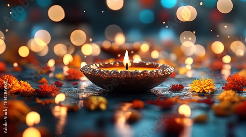  Diwali and Dipawali - Hindu festival of lights. A candle, a lantern on the road.