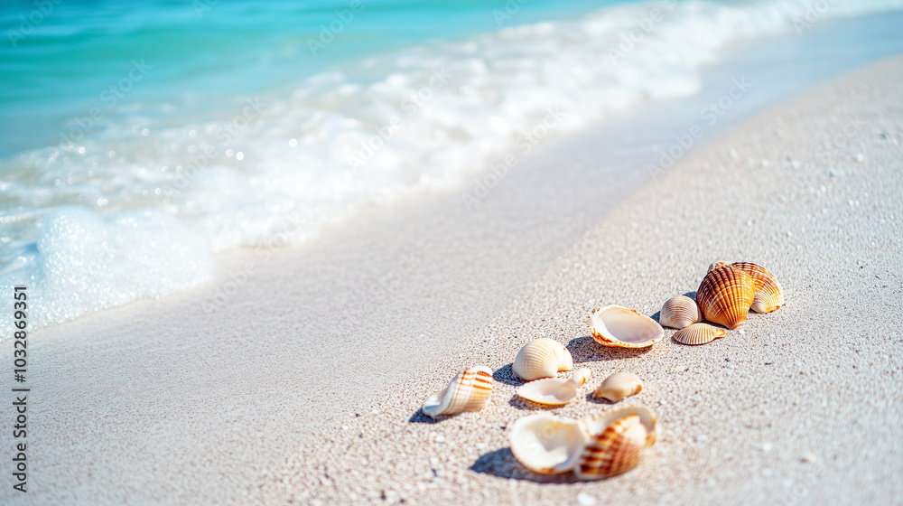 Tranquil seaside escape with seashells on sandy beach at ocean's edge Tranquil seaside escape with seashells on sandy beach at ocean's edge