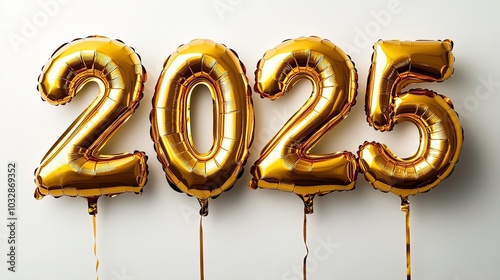 Golden 2025 balloons floating against a white background