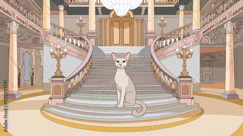 Sphinx cat sitting majestically on a grand staircase in an opulent mansion with elegant architectural details.